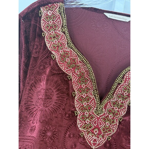 Soft Surroundings Burgundy Velvet Tunic Top L Embroidered Beaded Boho Holiday - Picture 8 of 8